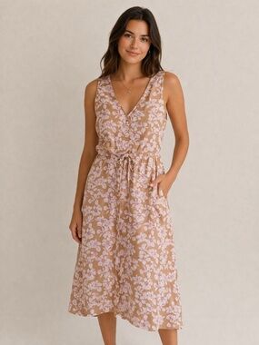 GAP Hibiscus Floral Cotton Sleeveless Midi Sundress Beige Pink V-Neck Pockets S